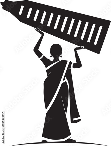 Indian woman in traditional saree carrying architectural tower showing cultural development