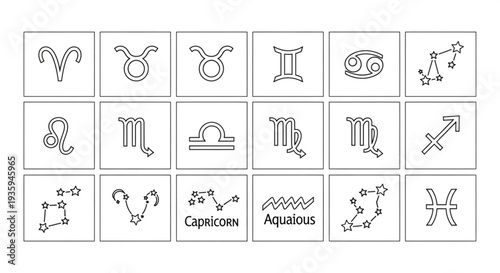 Collection of Zodiac Constellation Symbols and Astrology Signs.