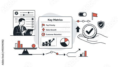 Modern minimal flat vector conceptual collage, crisp hard edges, consistent THIN outline stroke, rounded corners where needed,