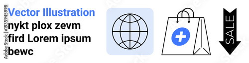 Online shopping, global commerce, digital marketplace, e-commerce platforms, discounts, trading. Globe icon, shopping bag with a cross downward sale arrow. E-commerce and global commerce concept
