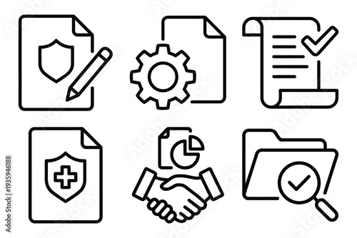 Icons for security, insurance, and agreement, including shield, medical cross, handshake and folder.