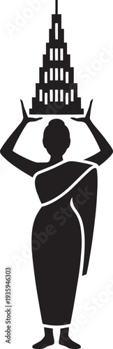 Indian woman silhouette wearing a saree holding stylized skyscraper building on her head