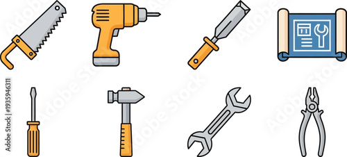 Construction Repair Hand Tool Icons Set Saw Drill Hammer Wrench Screwdriver Pliers