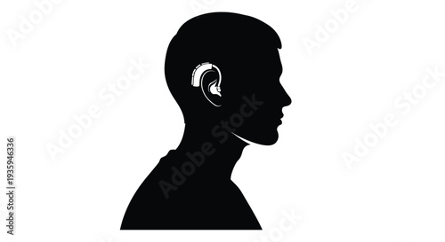Silhouette of a man's profile showcasing a hearing aid in his ear