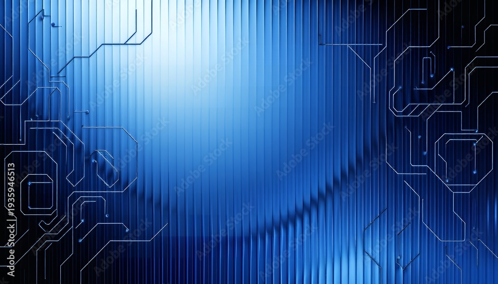 Obraz premium A blue abstract background featuring a futuristic design with circuit board patterns and vertical lines gradating from dark to light blue creating a dynamic and technological visual effect