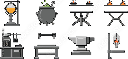 Fantasy Blacksmith Alchemy Crafting Game Icons Set Medieval Workshop Symbols