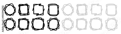 Collection of sketchy geometric frames in black and white, evolving from complex to simple