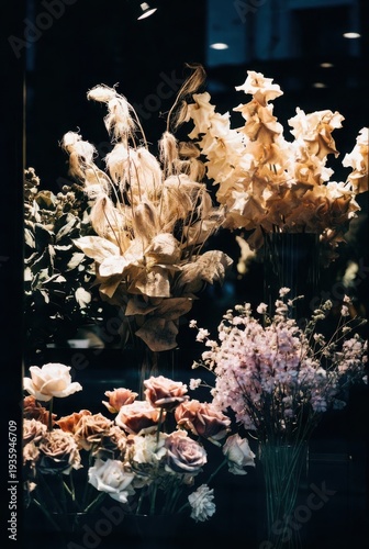 Elegant flower shop display with fluffy pampas grass and dried botanicals mixed with soft pastel roses in dark moody boutique window with cinematic warm spotlighting