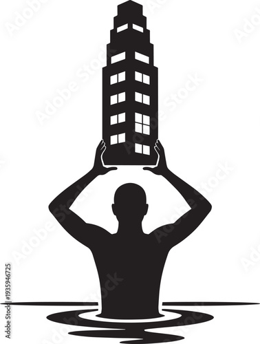 Man holding skyscraper over head emerging from water, symbolic of urban life challenges and resilience