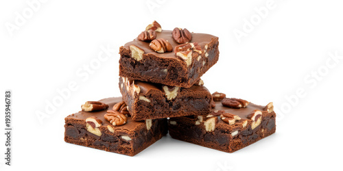 Chocolate brownies with pecans on a white background