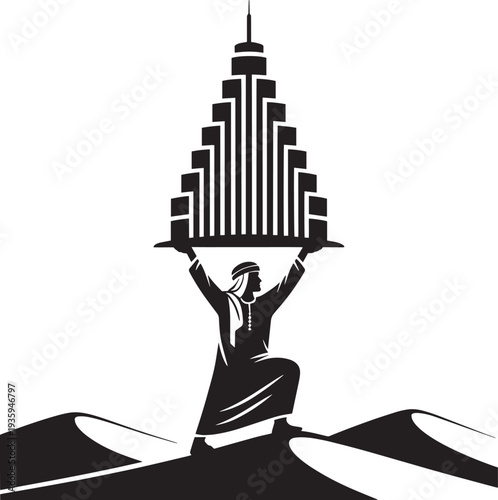 Man in Kandura holding skyscraper in desert dunes Symbolizing UAE business and development