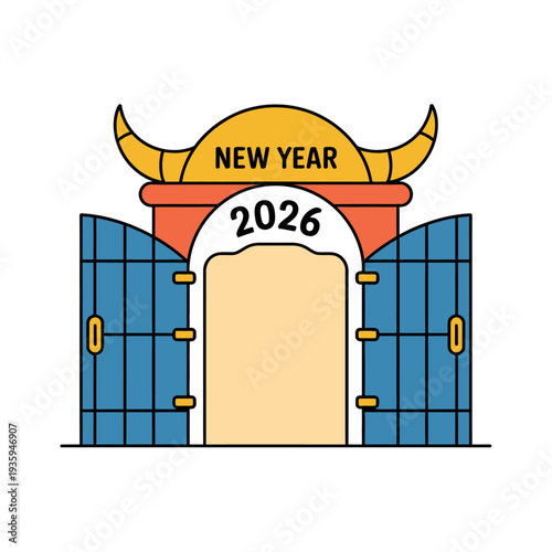 Colorful stylized gate marking the arrival of the New Year 2026 for the Chinese Ox.
