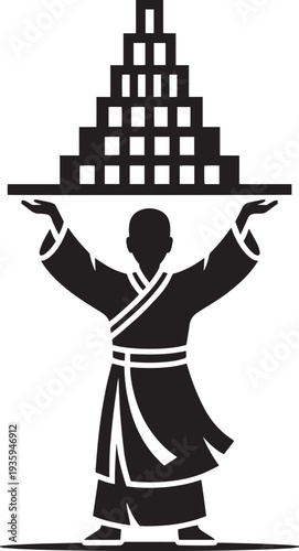 Man in traditional robes balancing pyramid structure on flat platform above head graphic