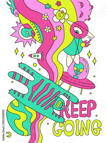 Trippy neon poster template with UFO, alien spaceship and psychedelic rainbow. Retro groovy print with 70s-90s art of space ship, animal, flowers, planets and stars, vector hand drawn illustration.
