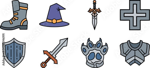 Fantasy RPG Equipment Armor Weapon Icons Set Knight Warrior Medieval Gear
