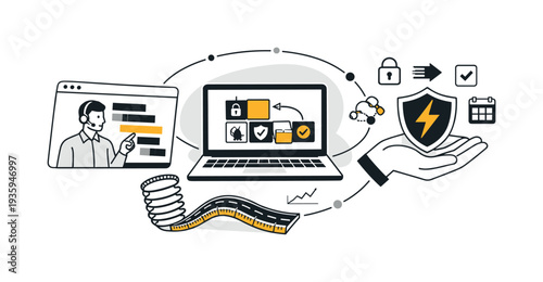 Modern minimal flat vector conceptual collage, crisp hard edges, consistent THIN outline stroke, rounded corners where needed,