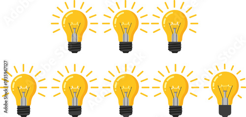 Set of Glowing Yellow Light Bulb Icons Representing Creative Ideas, Innovation, Bright Inspiration, Energy Efficiency, Knowledge, Brainstorming, and Strategic Thinking Symbols