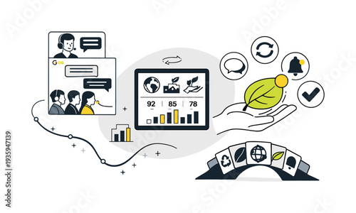Sustainable Communication Collage. Modern minimal flat vector conceptual collage, crisp hard edges, consistent THIN outline stroke