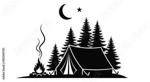 Minimalist illustration of a camping scene with trees tent and campfire