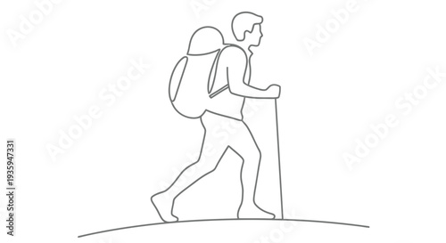 Line drawing of a hiker with a backpack walking uphill with a trekking pole