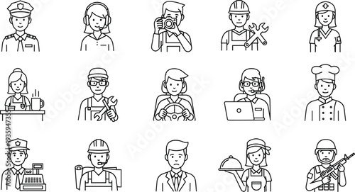 Set of Professional Character Avatars Featuring Police Officer, Nurse, Photographer, Mechanic, Chef, Soldier, Construction Worker, and Customer Service Line Art