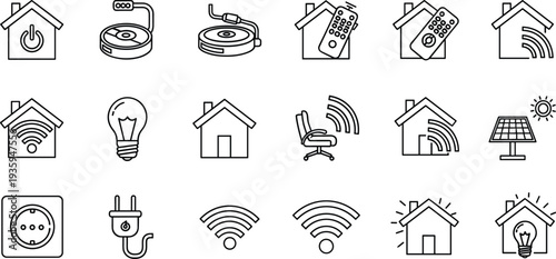 Smart Home Icon Set Featuring Automated Vacuum Cleaners, Remote Controls, Solar Panels, Light Bulbs, Power Plugs, Wi-Fi Connectivity, and Energy Efficient Houses.