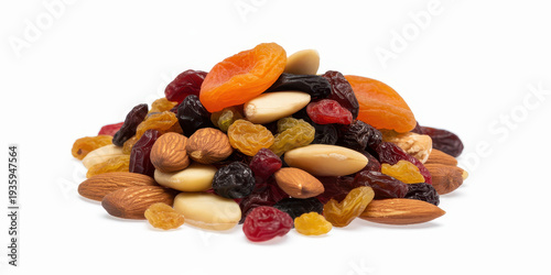 A mix of trail mix with nuts and dried fruits snack