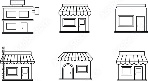 Small Business Storefront Icon Set Featuring Retail Shops, Grocery Stores, Market Stalls with Awnings, Two Story Buildings, and Commercial Real Estate.