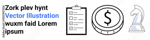 Financial planning, business strategy, goal setting, productivity tools, risk management, decision-making process. Clipboard with checkboxes, dollar coin chess knight. Financial planning