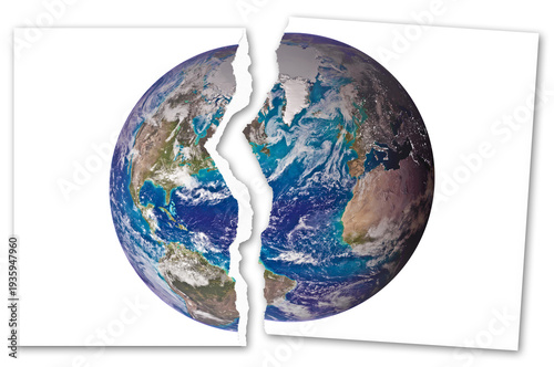 NEW WORLD ORDER CONCEPT - DIVIDED EARTH GLOBE REPRESENTING GEOPOLITICAL CONFLICT BETWEEN AMERICA AND EUROPE - World map split symbolizing transatlantic tension, crisis and international division