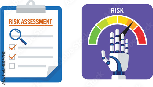 Risk Assessment Clipboard with Checklist and Magnifying Glass, Next to a Robotic Hand Measuring High Risk Levels on a Gauge.