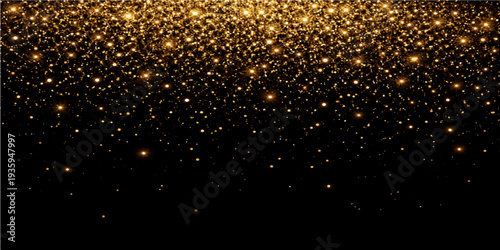 Sparkling champagne cork explosion on black background with gold glitter particles, shiny bokeh lights, and falling white snowflakes for a bright winter Christmas holiday celebration design