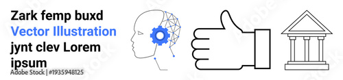 Innovation, technology, decision-making, approval, intellectual processes, governance. Human head with gear, thumbs up and classical building. Innovation and technology symbolism