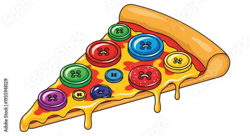 Colorful pizza slice with buttons on melted cheese on transparent background