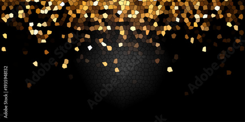 An abstract black night background featuring a gold bokeh pattern with glowing stars and bright falling particles for a festive holiday design