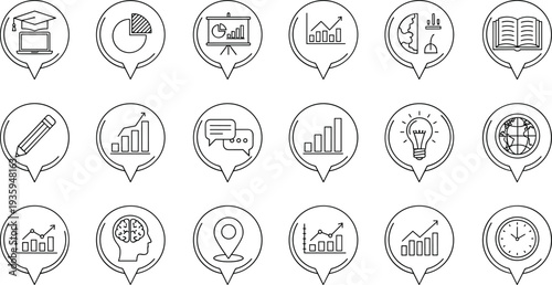 Set of business and education line icons featuring data charts, brain, lightbulb, and globe symbols in circular map pointer frames.