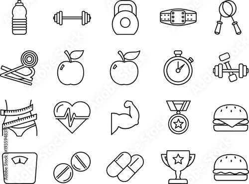 Set of fitness and healthy lifestyle line icons featuring gym equipment, dumbbells, healthy food, weight loss, and athletic competition symbols.