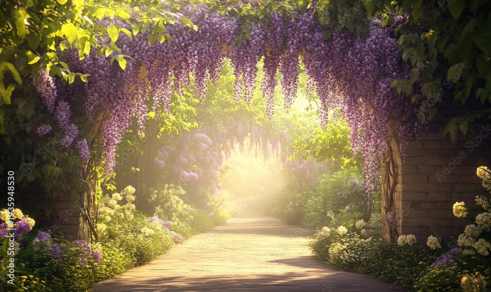 Fototapeta premium Scenic garden archway draped with blooming wisteria and ivy, soft golden light filtering through creating a romantic and enchanting outdoor scene