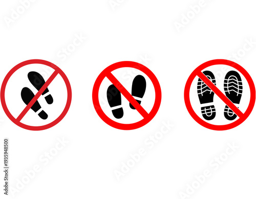 Three red circular prohibition signs with black diagonal lines, each depicting different styles of black footprints or shoe prints, indicating no stepping.