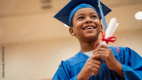 Happy African American boy in blue cap and gown holding diploma. Smiling child graduate looking up at ceremony. Kindergarten graduation success