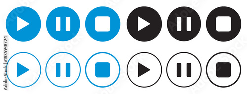 Play pause stop icon set, music player interface, media control buttons, audio app icons, multimedia symbols, vector design, UI elements