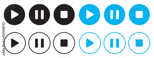 Play pause stop icon set, media player buttons, music interface symbols, audio control icons, digital media, multimedia design, vector illustration