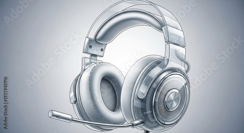 Silver headset with microphone silhouette on transparent background