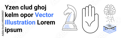 Strategic thinking, decision-making, intellectual processing, protection, data integration, and innovation. Chess knight, hand brain and layered design. Strategic thinking and decision-making