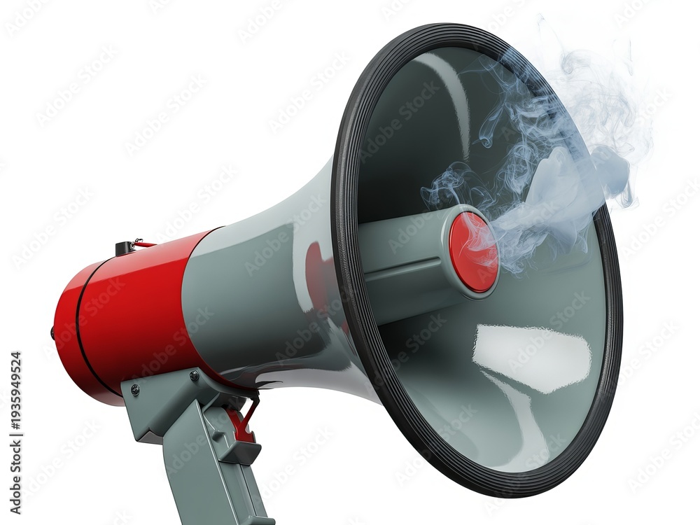 Naklejka premium Red and gray megaphone emitting white smoke on a white background bullhorn loudspeaker