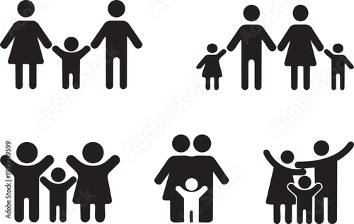 Familial Bonds: Iconic silhouetted figures representing various family structures, emphasizing unity, care, and the heart of togetherness.