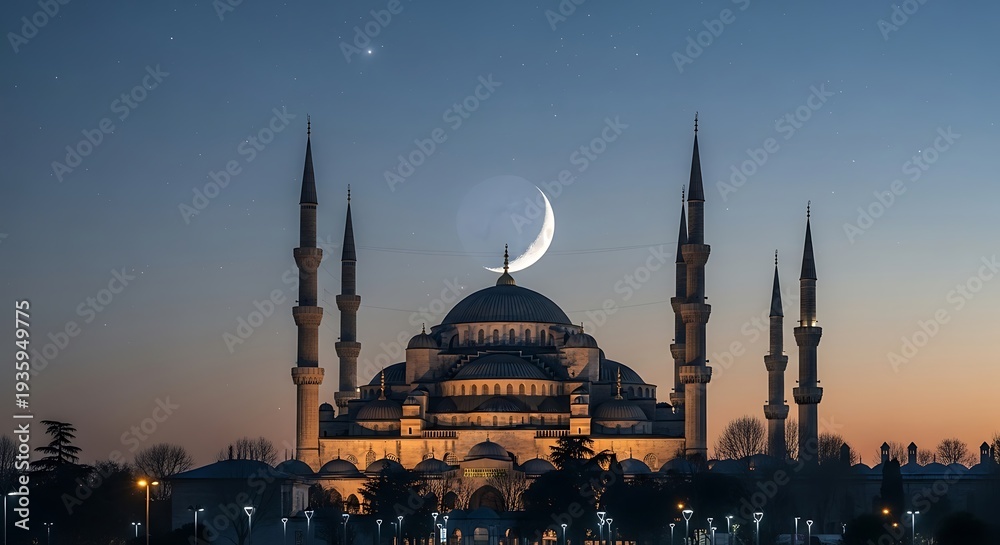 Fototapeta premium Blue Hour Mosque with Crescent Moon.