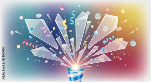 Colorful party popper exploding with confetti and streamers on transparent background