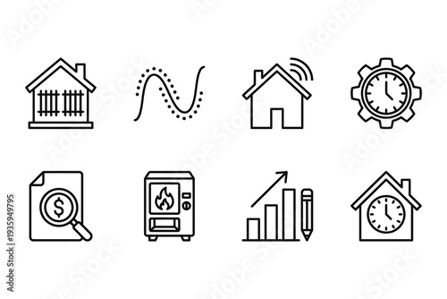 Home and Finance Icons: House, Graph, Stove, Clock, Document, Magnifying Glass