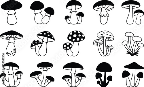 A Variety of Black and White Silhouette Illustrations of Mushrooms in Different Styles fungi
